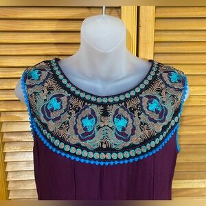 Plum and teal-embroidered dress